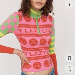 Lazy oaf check and stripe happy face sad face sweater